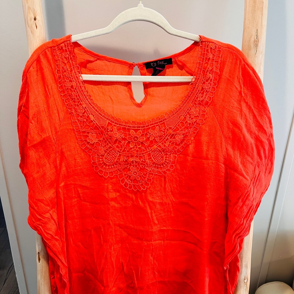 Women's Embroidered Scoop Neck Blouse — Bright Orange
